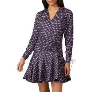 Jonathan Simkhai Navy Blue Geometric Tile Print Wrap Mini Dress Ruched Sleeve 2